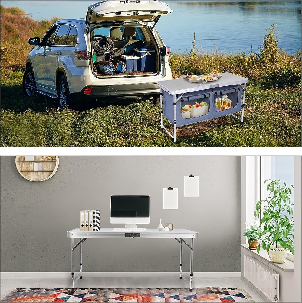 Space-Saving Height Adjustable Table with Storage - Ideal for Indoor/Outdoor