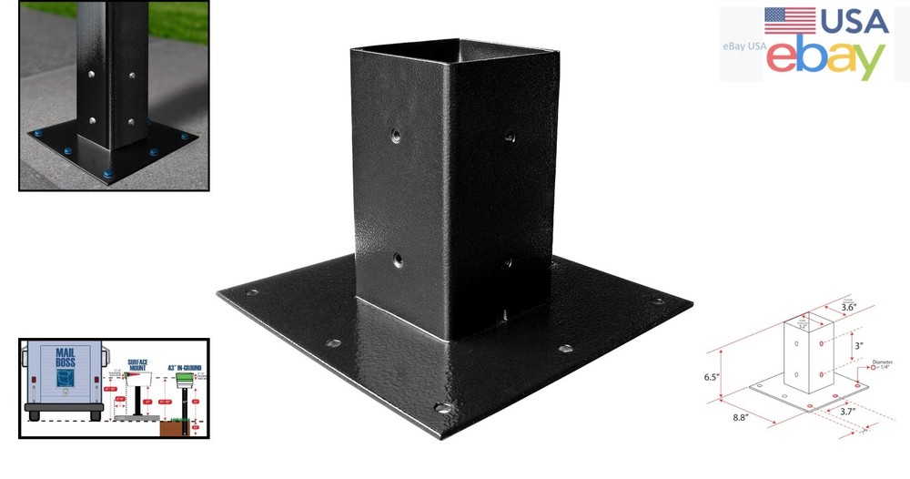 Black Surface Mount Base Plate for Mailbox Post, Galvanized Steel Construction
