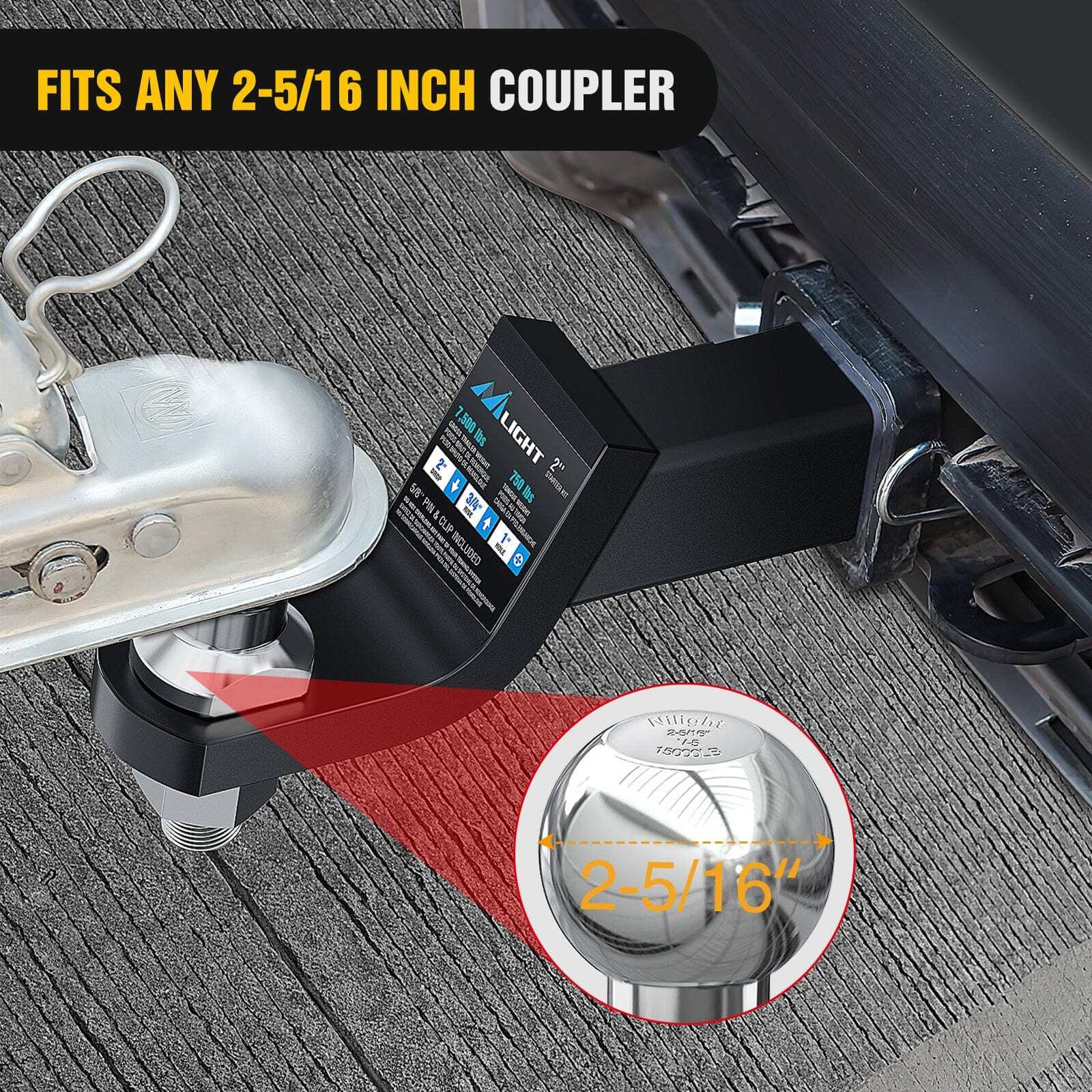 Nilight 2-5/16Inch Chrome Trailer Hitch Ball 1-1/4inch x 2-5/8inch Shank Gray