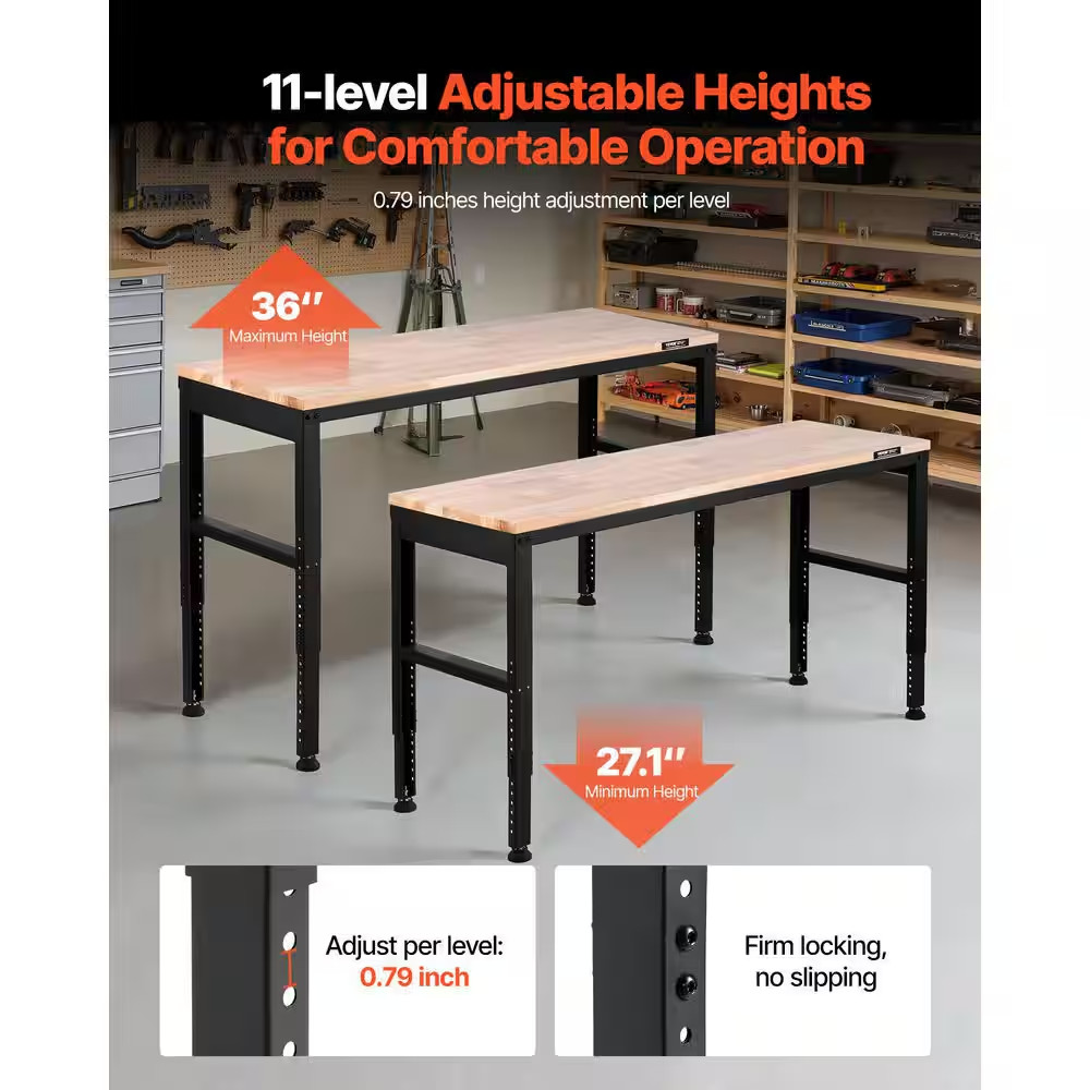 Adjustable Workbench, 2000 Lbs., 61 In. X 20 In., Height Adjustable 27.1-36 In.,