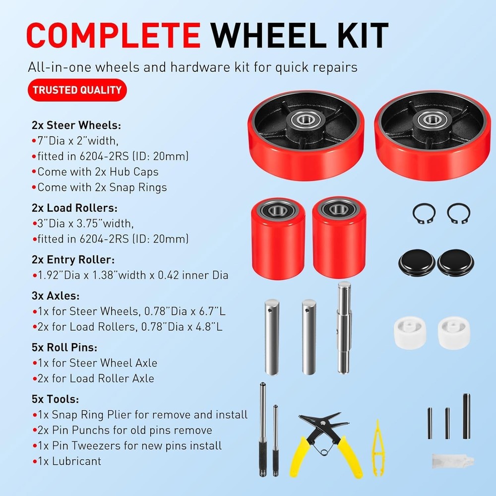 Pallet Jack Full Replacement Kit Steering Wheels 7"x2" Front Load Roller 3"x3.75