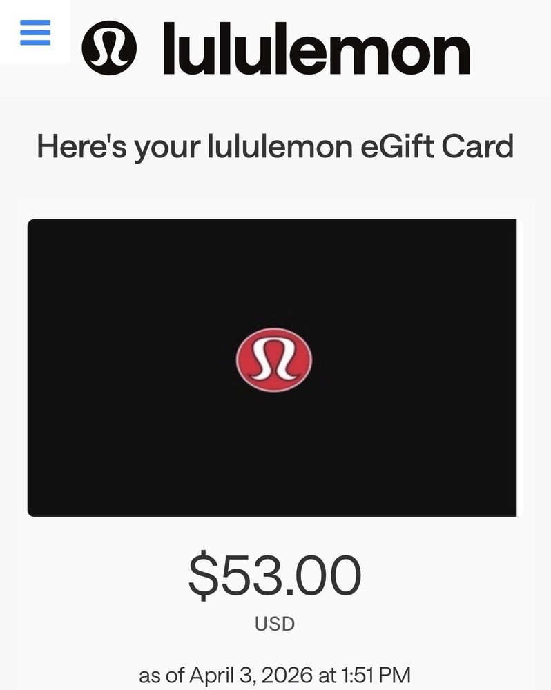 Lululemon EGift Card-$53 Value