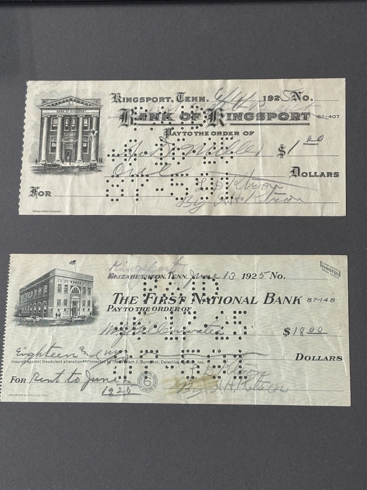 1925 Kingsport Tennessee - Bank Checks - Custom Framed !