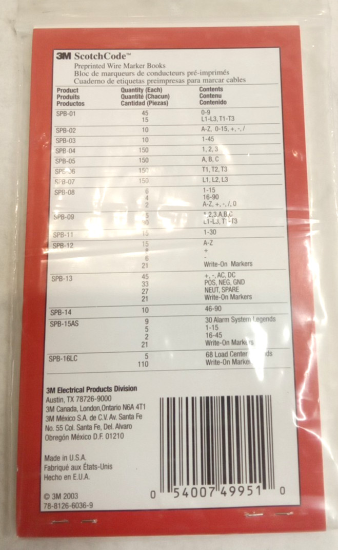 3M 7000132478 ScotchCode SPB-01 PrePrinted Wire Marker Book