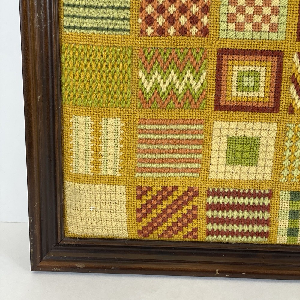 Vintage 1970s Needlepoint Patchwork Completed Wall Hanging Handmade 13x13 Framed