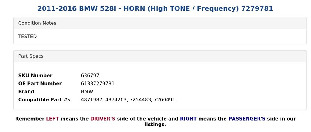 2011-2016 BMW 528I - HORN (High TONE / Frequency) 7279781