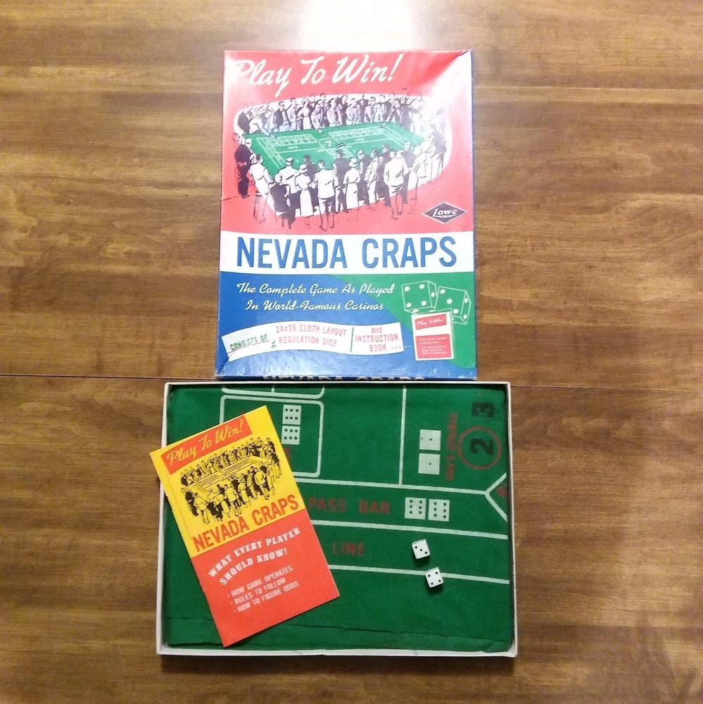 Vtg. E.S. Lowe Nevada Craps Layout Cloth, Dice, Book.
