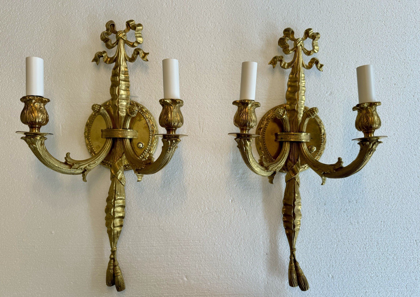 PAIR Antique French Gilt Brass Rope Bow Tassels Wall Sconce Candelabras A1