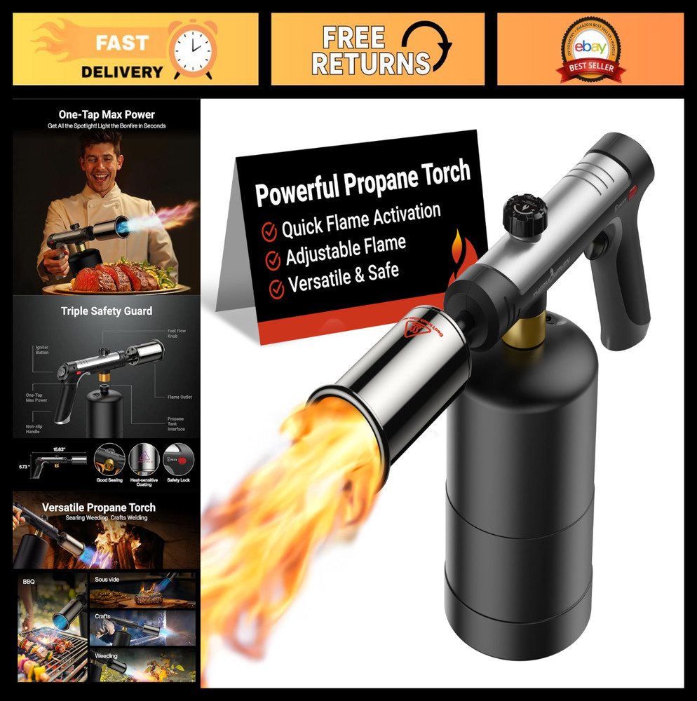 High-Performance Propane Torch with One-Touch Max Fire, Safety Lock, BBQ & Cooki