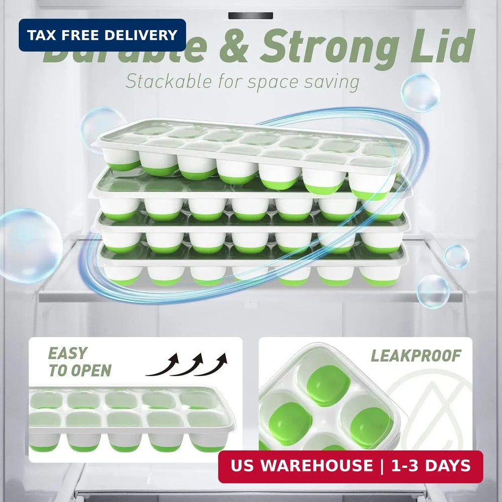 ChefAide Ice Cube Tray with Lid, 4 Packs 56 Cubes Durable Stackable Ice Cube Tra