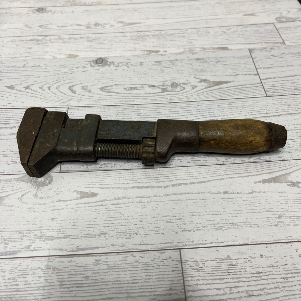 Vintage Adjustable Monkey Wrench Wooden Handle Rustic Tool