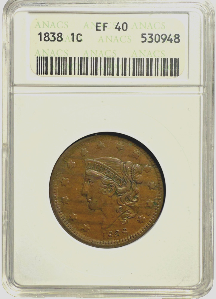 1838 1C Coronet Head N-6 ANACS EF 40