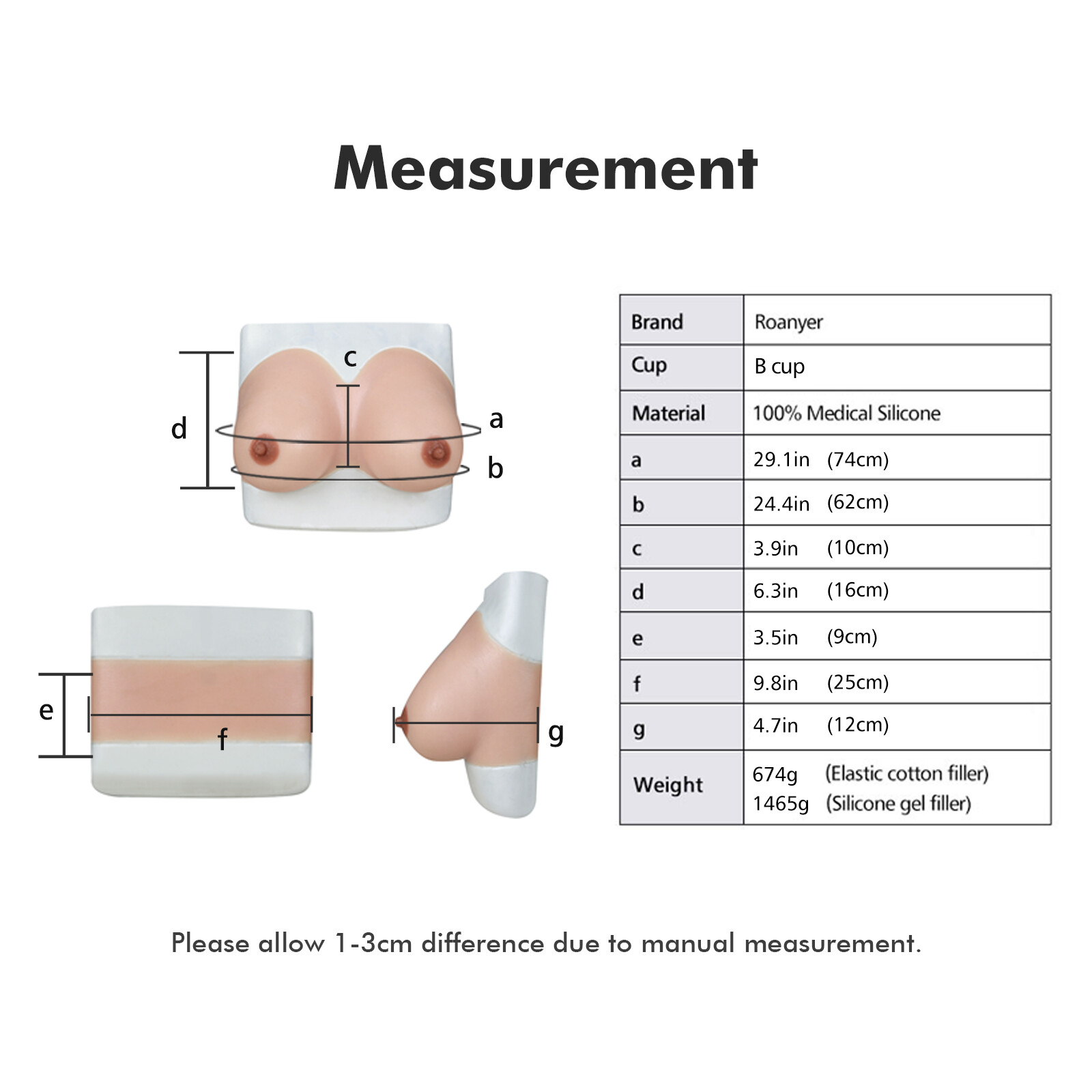 Roanyer Silicone Tube Top Breast Fake Boob B Cup Gel Filler for Crossdresser