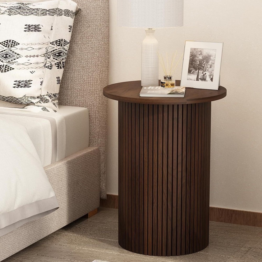 Wnutrees Round Fluted End Table, Small Accent Pedestal Side Table