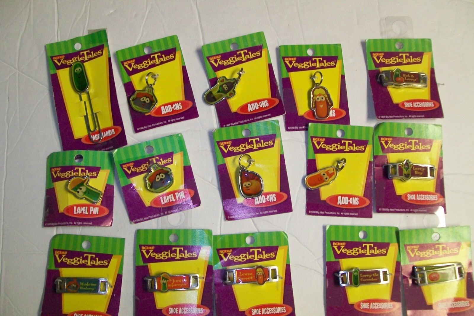 VEGGIE TALES  LAPEL PINS, PAGE MARKERS, & SHOE ACCESSORIES- LARRY BOY, JR, LAURA