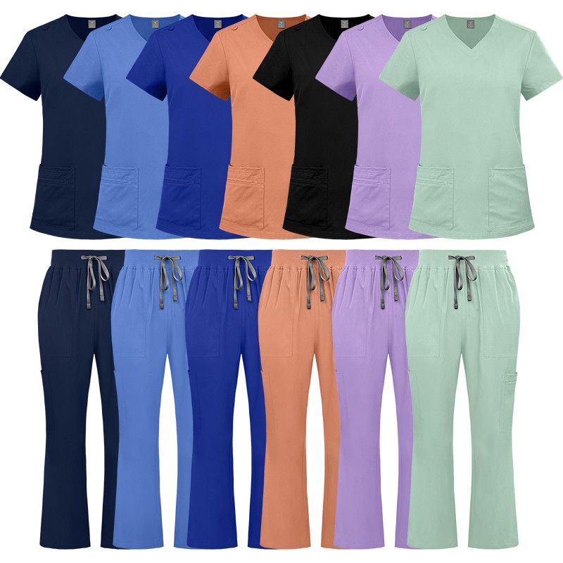 2025 Nursing Medical Scrub Set Flare Pants Drawstring Multi-pocket Comfortable