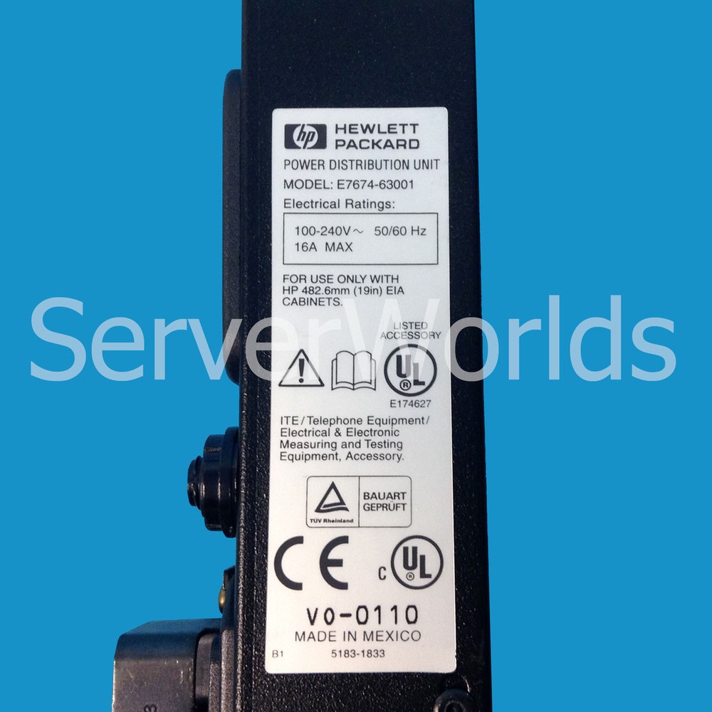 HP E7674-63001 16A PDU (7) C13 (1) C19 Rack Mount E7674A, A5137A