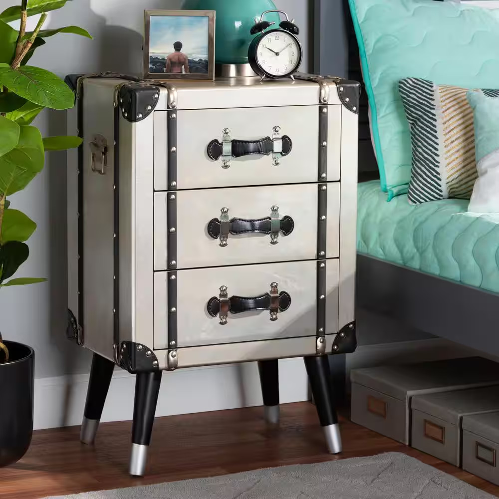 Dilan 3-Drawer Silver Trunk Nightstand