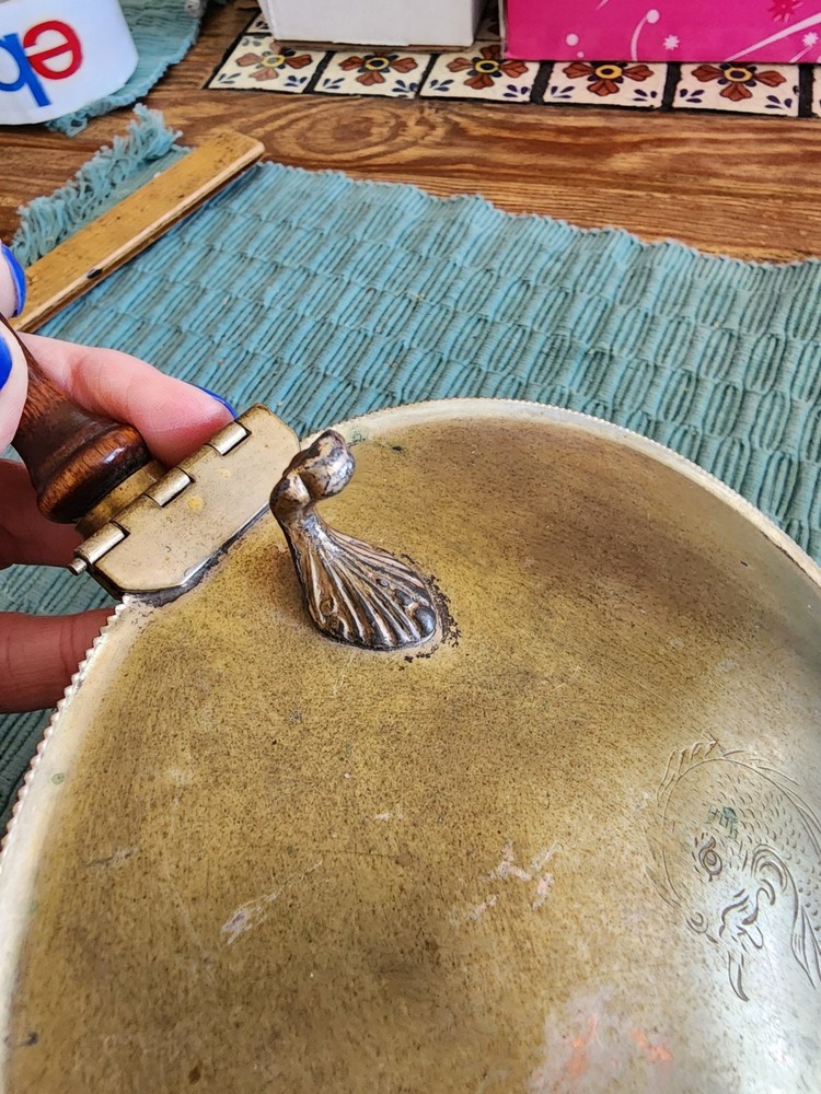 Vintage Silver on Copper Bed Warmer Silent Butler Crumb Catch WoodHandle Serpent