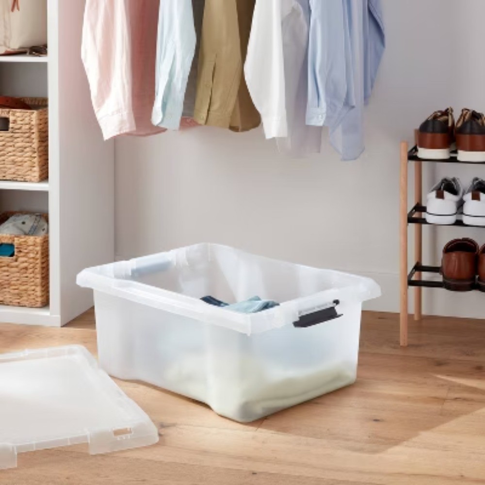 Medium Frosted Latching Storage Box: Stackable Polypropylene Tote, 48L Capacity