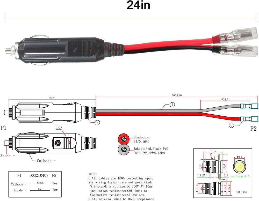 2FT 12Volt Replacement Cigarette Lighter Male Plug with Leads - Car Cigarette Li