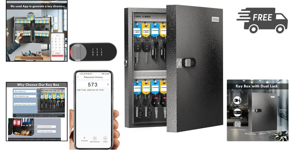 Key Lock Box with Dual Lock 32 Key Cabinet Wall Mount Lockable Secure Storage