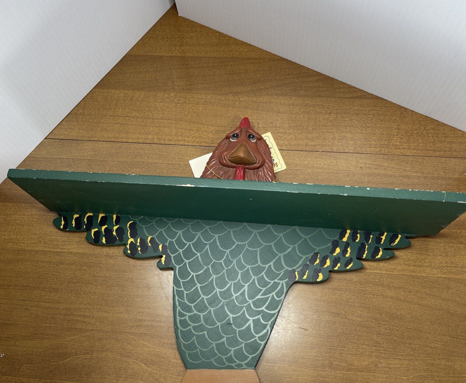 Hand Painted Hanging Shelf Vintage Green Rooster Chicken 1999 Country Folk Art