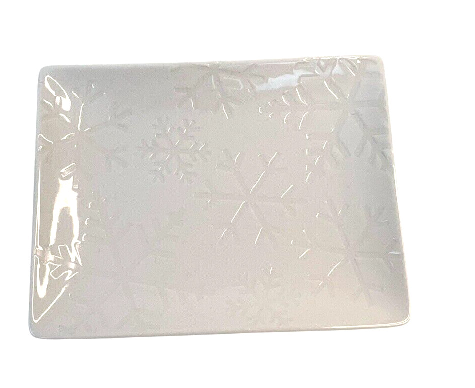 Crate & Barrel White Snowflake Embossed Rectangular Serving Tray 12”x 9.5” Xmas