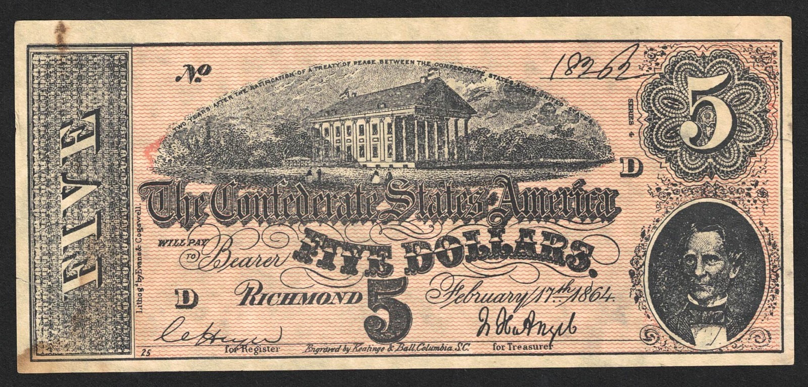 Fake 1864 CSA CONFEDERATE STATES AMERICA CURRENCY $5 Dollar Note S/N 18262