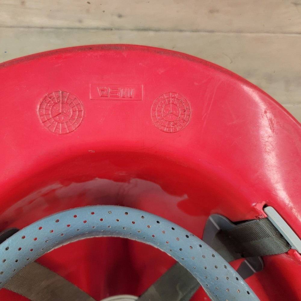 Fireman’s Helmet MSA TOPGARD RED Adjustable Size 1969 Class D BFD Leather Patch