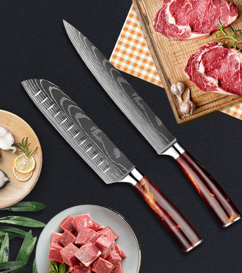 Japanese Damascus Pattern Chef Knives Stainless Steel Cleaver Kitchen Knife Set