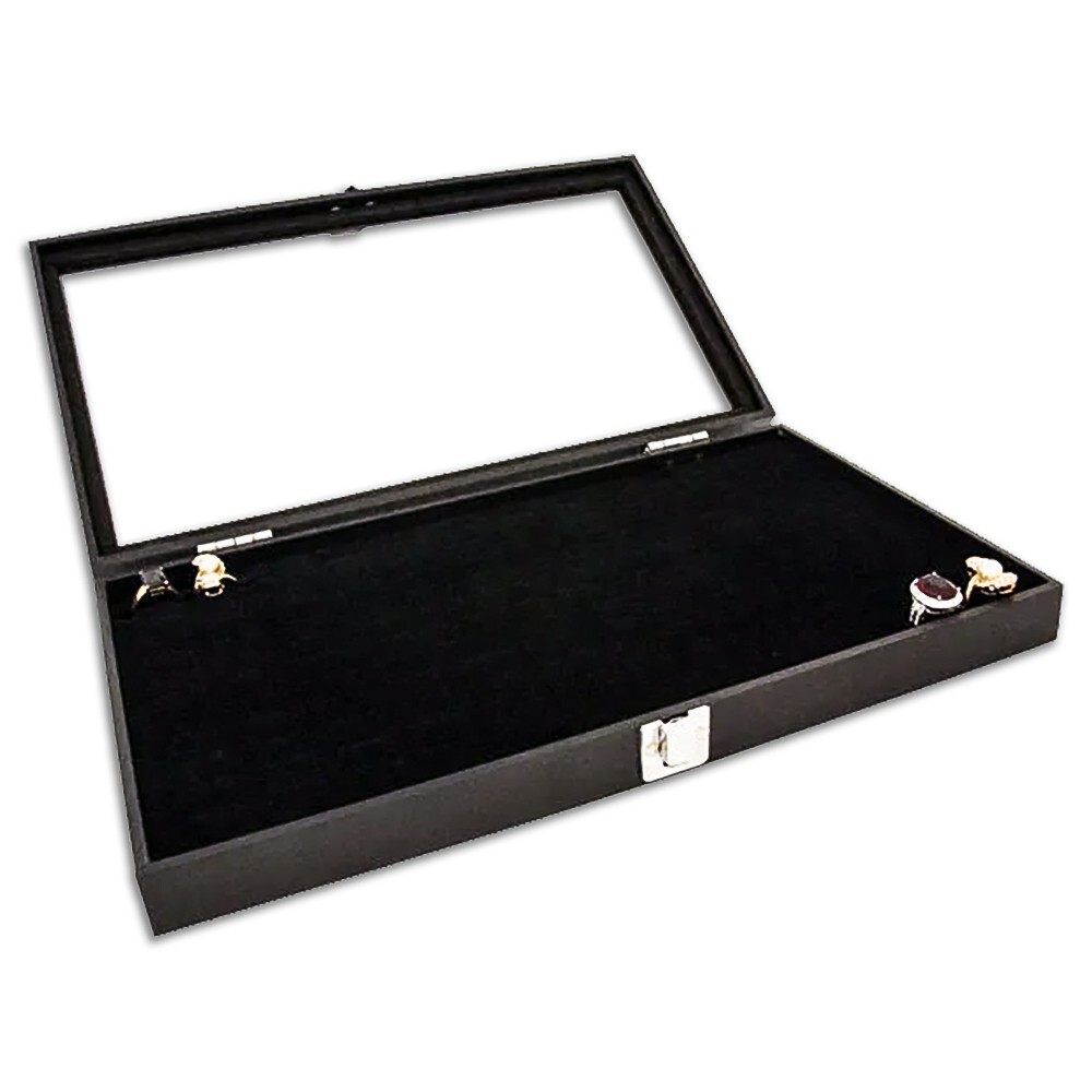 Black Wooden Jewelry Display Case with Glass Top 1.75" Deep