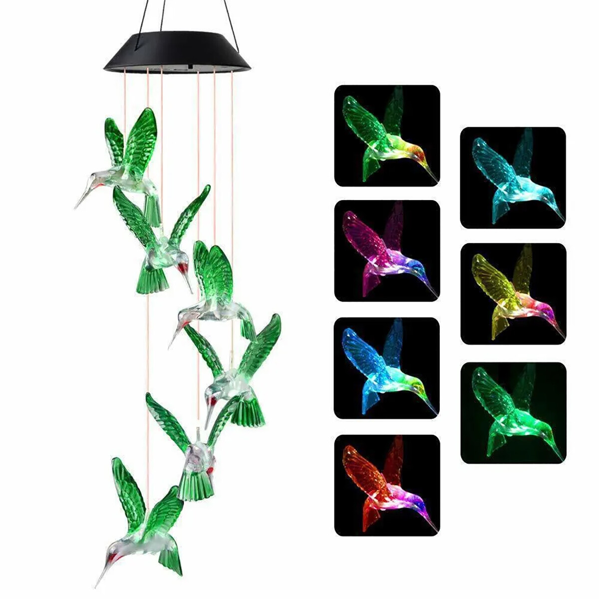 Solar Powered LED Color Changing Hummingbird Wind Chime Lights Garden Yard Decor