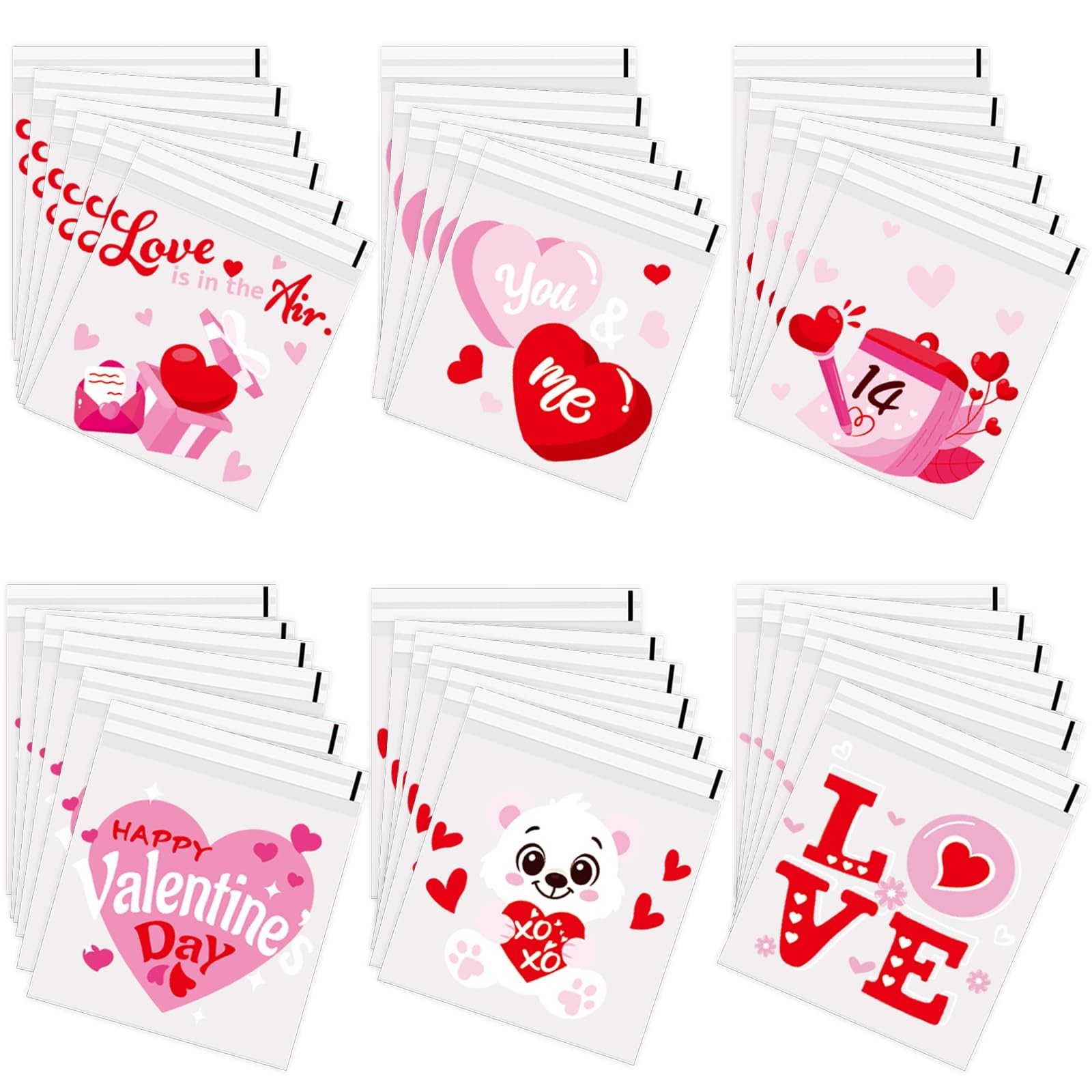300pcs Valentine Cellophane Treat Bags Self-Adhesive Clear Plastic 6 Designs Set