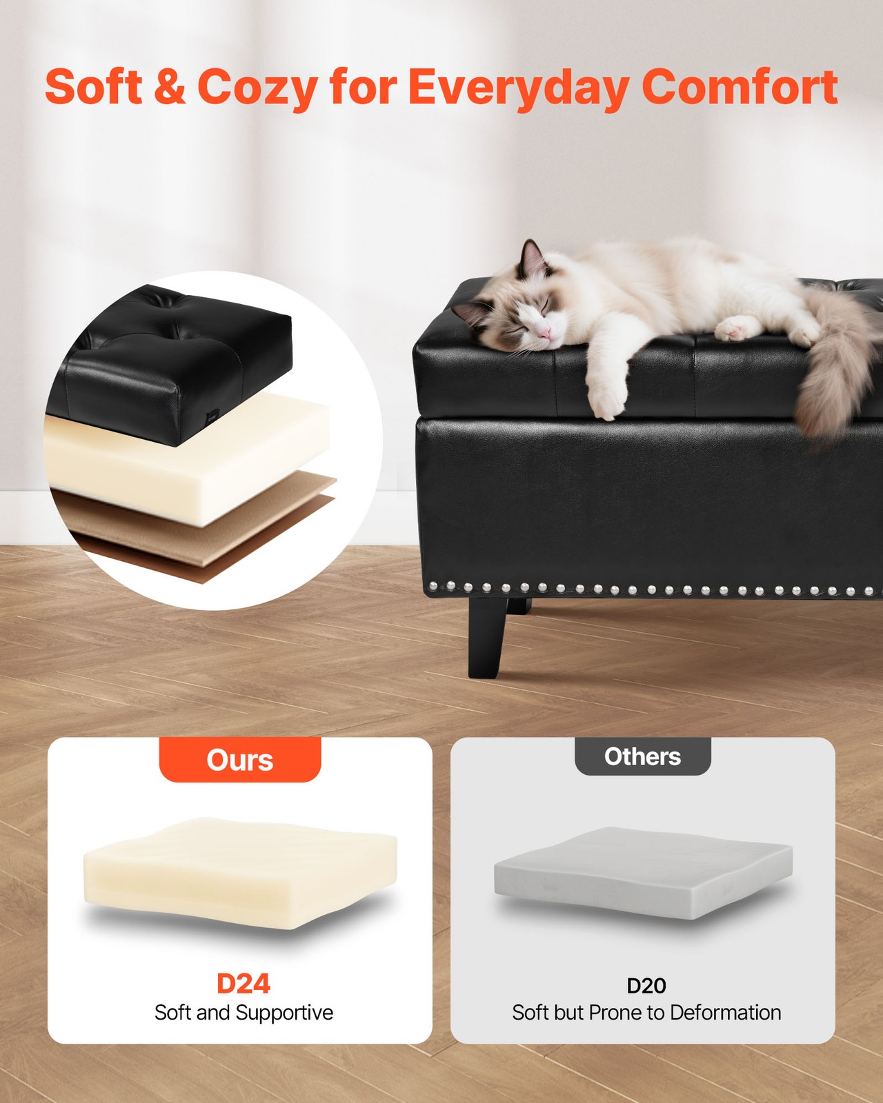 Button-Tufted Storage Ottoman Bench PU Leather Bench with Wood Legs Black