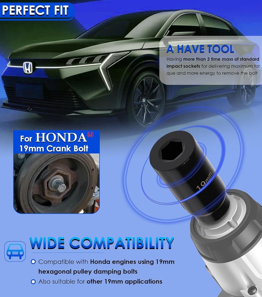 For Honda 19mm Crank Bolt Socket 77080 Harmonic Balancer Tool, 3