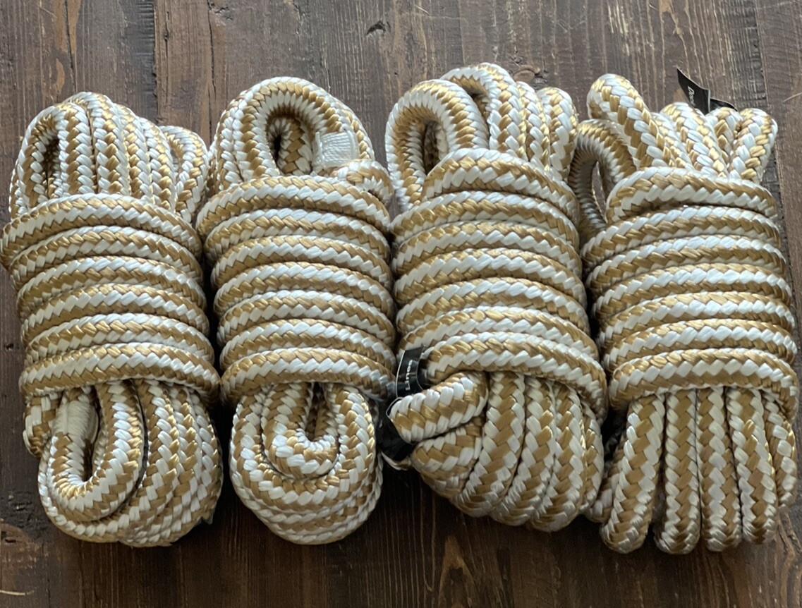 4 Pack White Gold 1/2 Inch 15FT Double Braid Nylon Boat Dock Line Mooring Rope