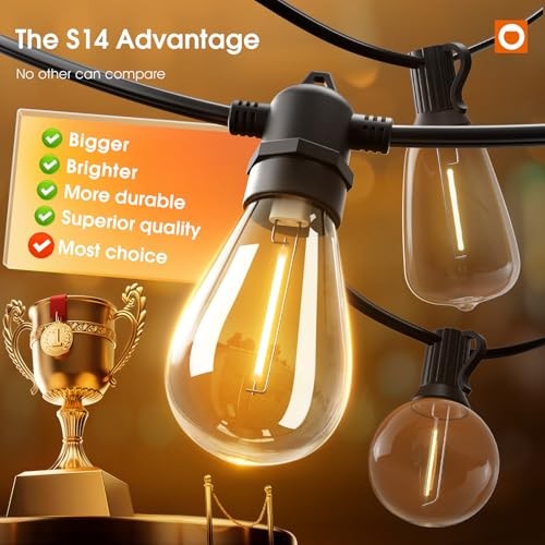 LED Outdoor String Lights with Edison Shatterproof Bulbs, Weatherproof 50FT
