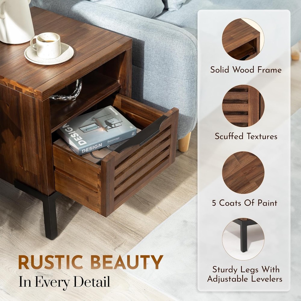 Solid Acacia Wood Nightstand with Drawer Shelf