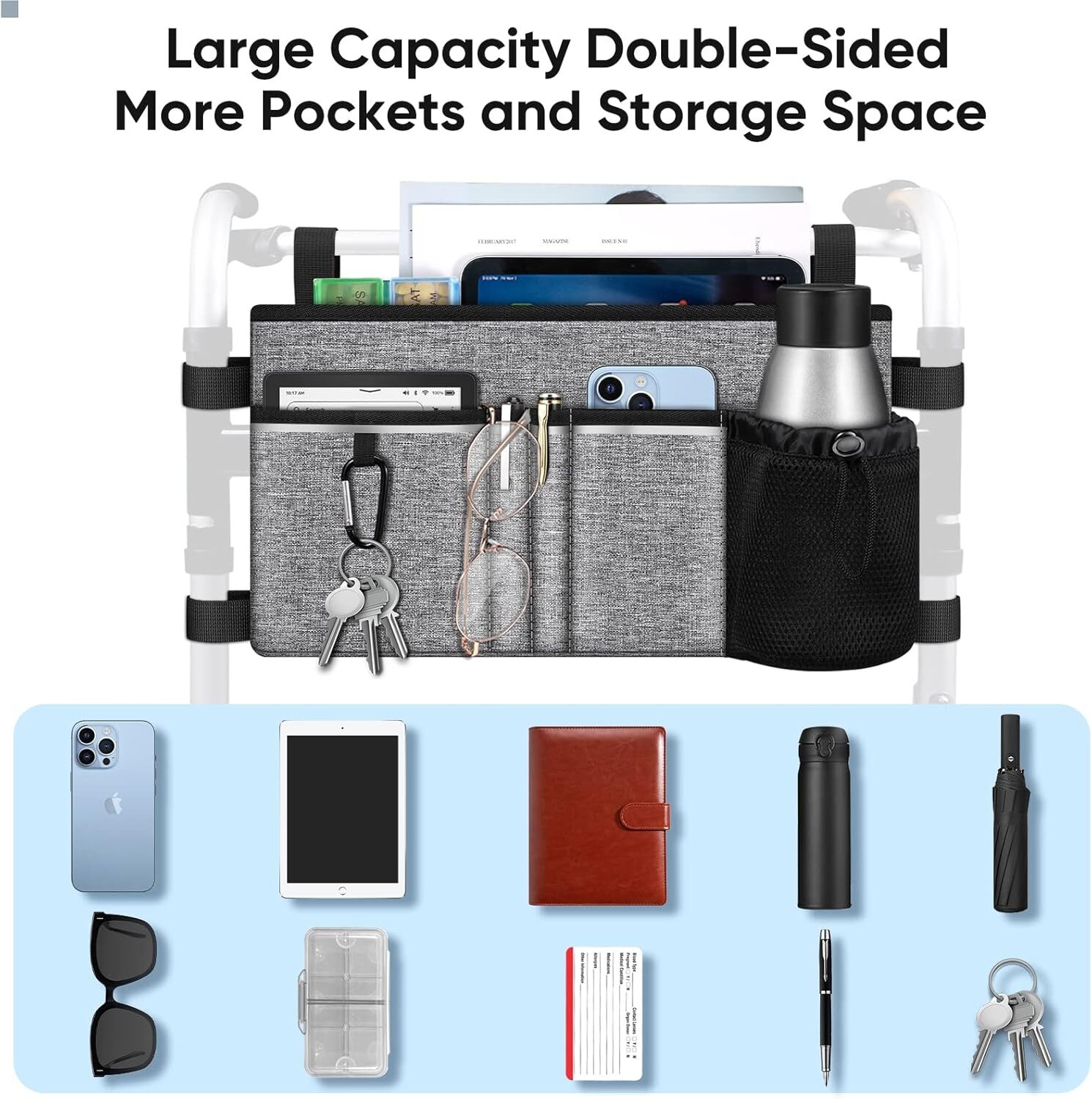 Large Walker Tote Bag with Cup Holder, Folding Walker Attachment Storage Basket