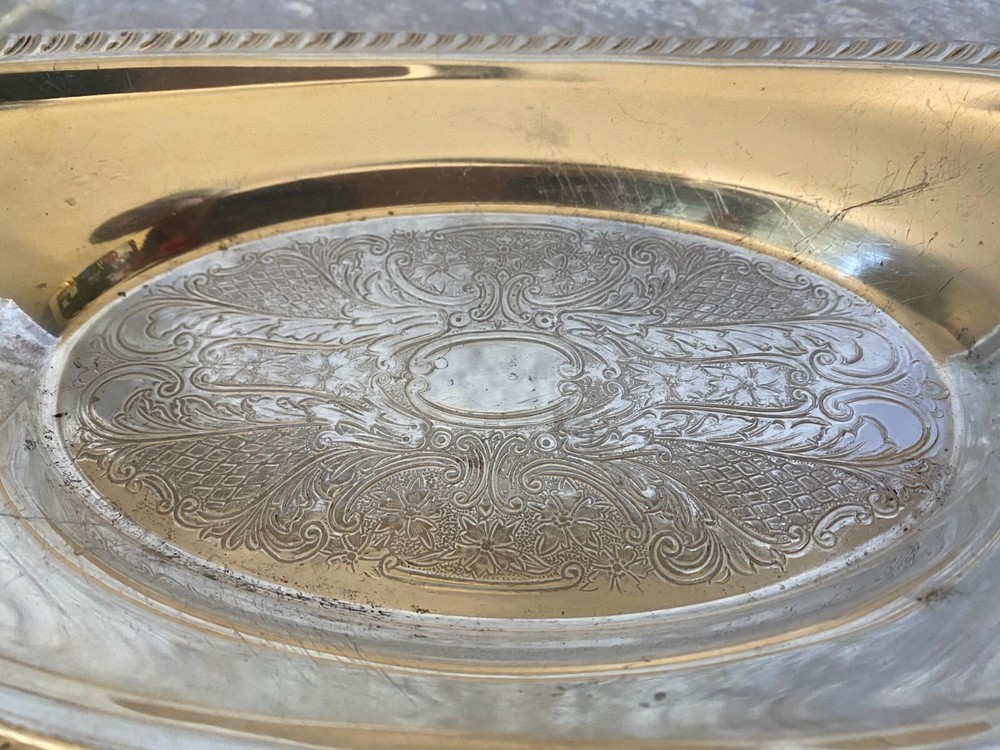 Crosby Silver Plated Oval Bread Tray Etched Pattern 12 1/2"