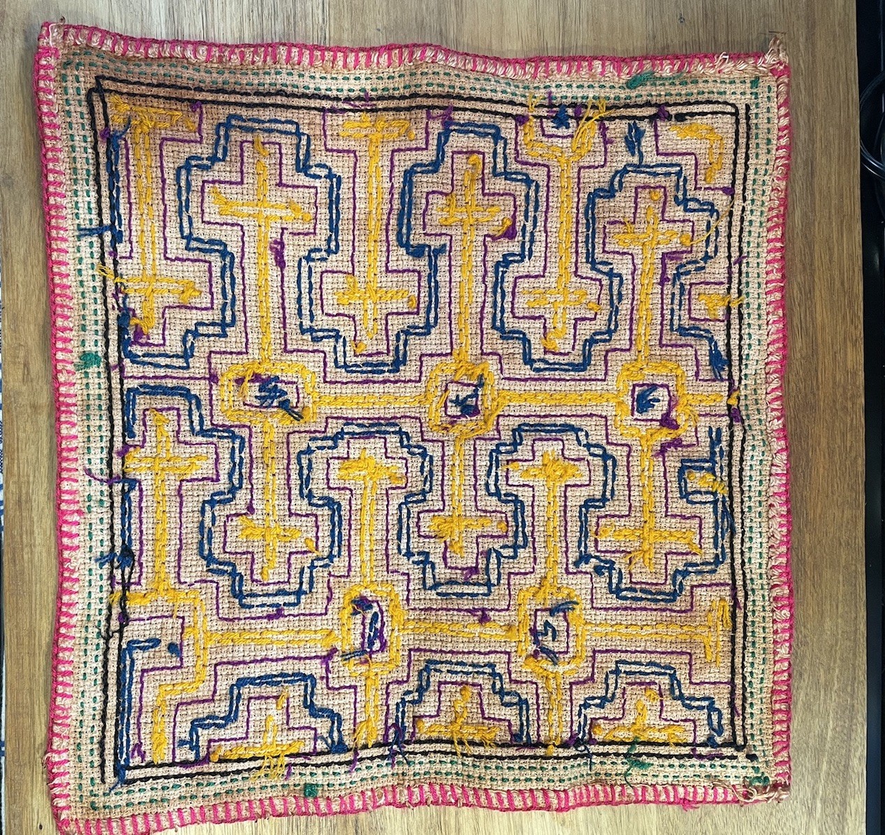 Shipibo Hand Stitched Embroidered Ceremonial Altar Cloth 12 X 12 Inches