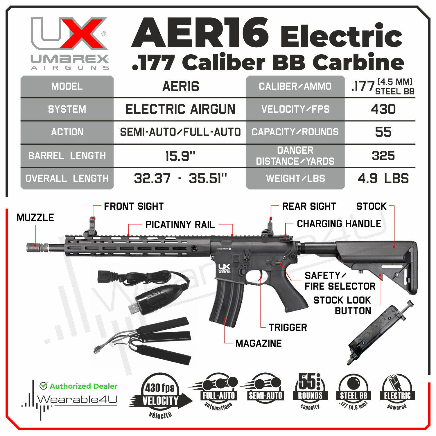 Umarex AER16 .177 Caliber Electric-Powered Full Auto Air Rifle 2252126 with BBs