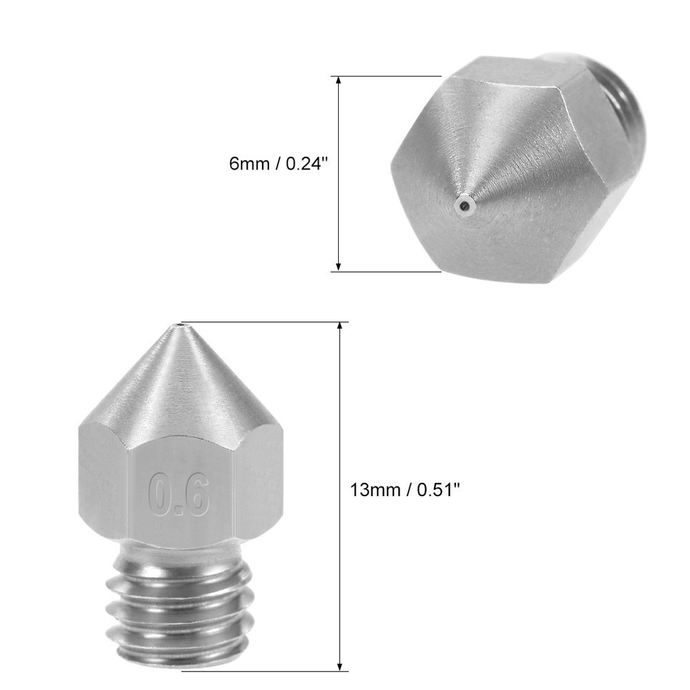 0.6mm 3D Printer Nozzles Head M6 Thread Replacement Stainless Steel 5PACK