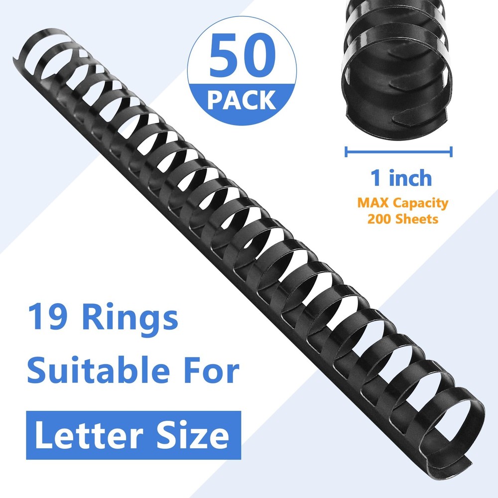 Plastic Binding Comb 19 Ring 1" 200 Sheet Capacity Letter Black 50 PCS