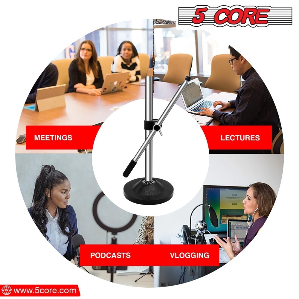 5Core Adjustable Microphone Stand Chrome Round Base Tabletop DESKTOP , Foldable