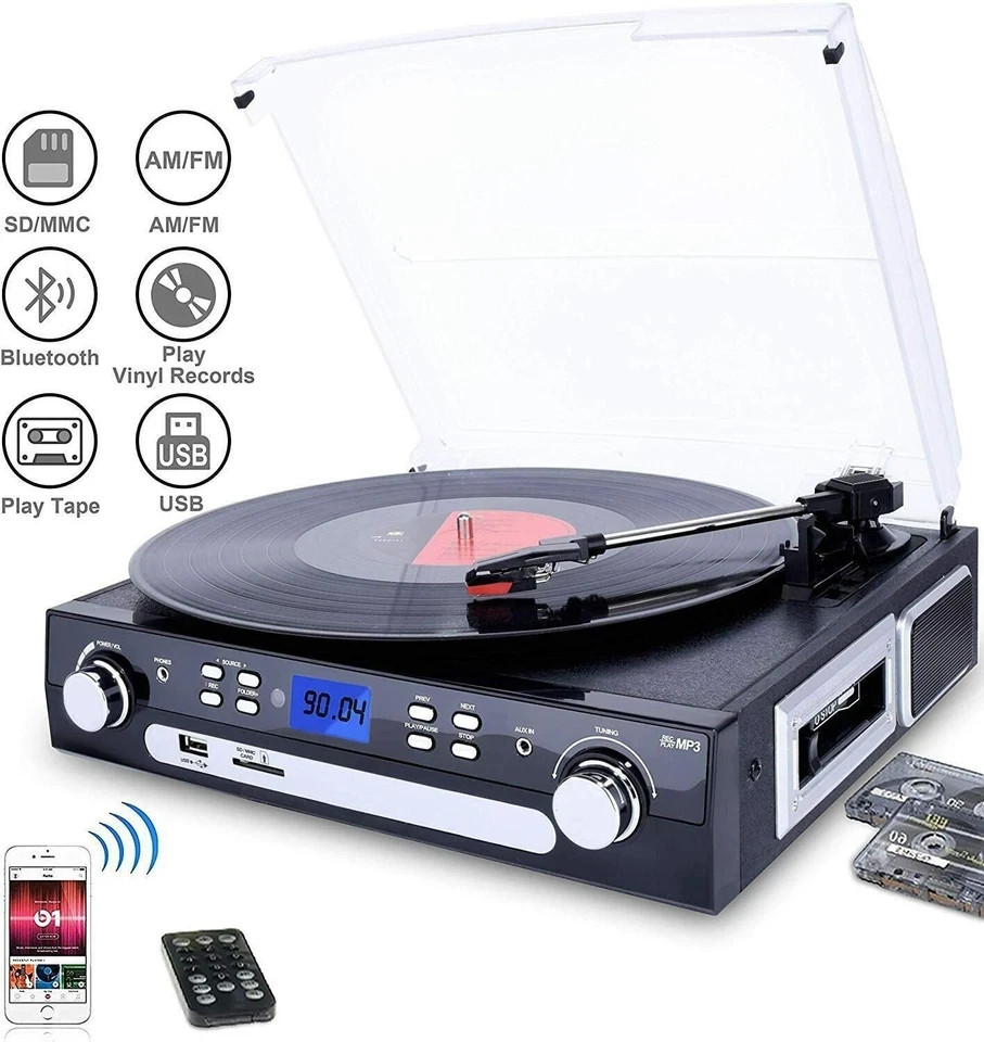 Bluetooth Record Player with Stereo Speakers Turntable for Vinyl to MP3