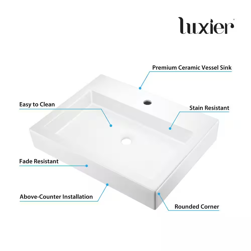 Modern 24 In. Rectangular Bathroom Ceramic Vessel Sink in White