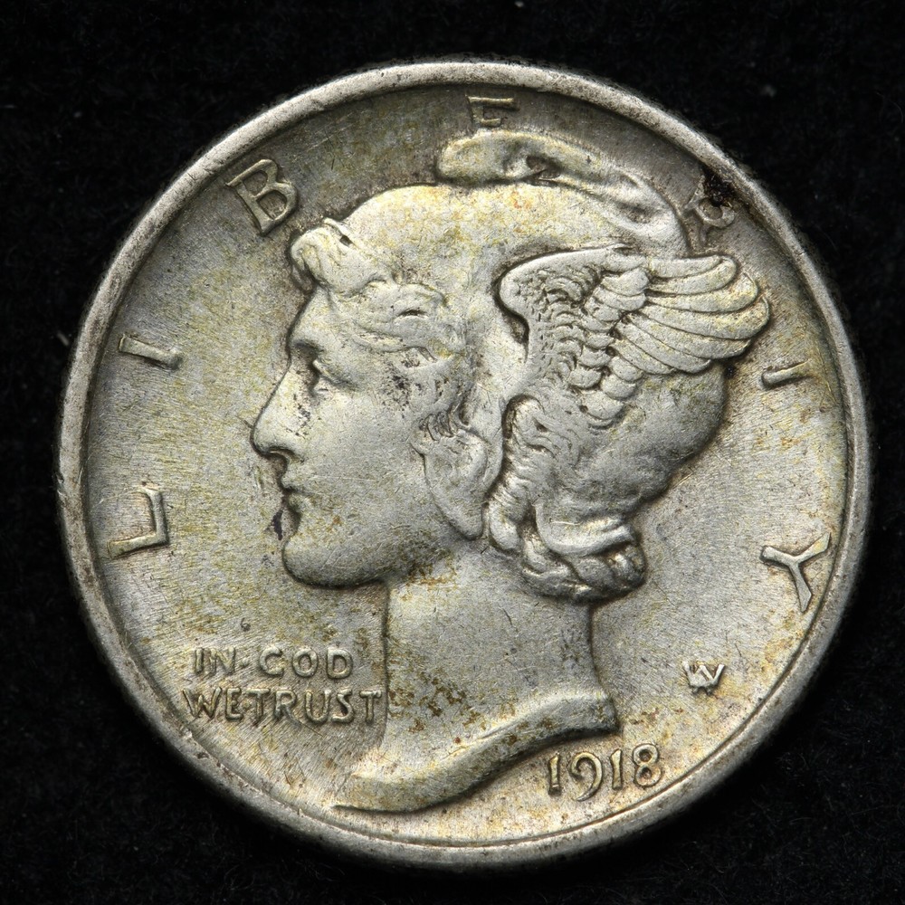 1918-D Mercury Silver Dime AU E289 KUEN
