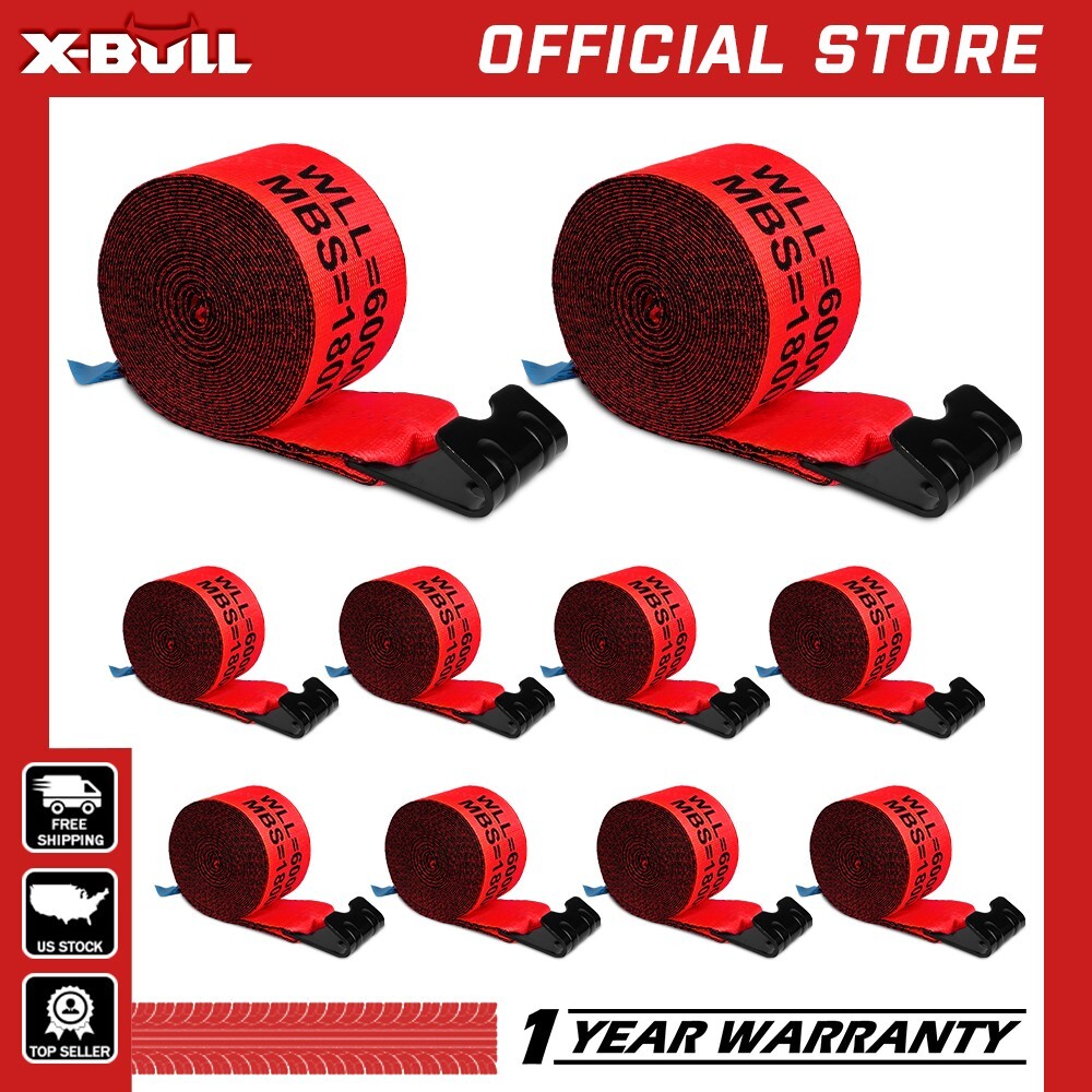 X-BULL 10 Pack 4" x 30' Winch Truck Straps w/Flat Hook for Towing 18000 lbs Red